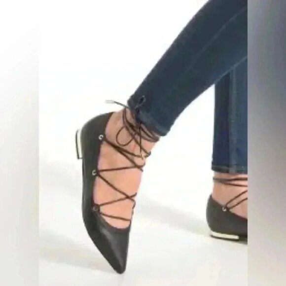 Aldo Alize Black Leather Ballet Flats Pointy Toe Lace Up Ankle Ties Size 7.5 - Picture 3 of 16
